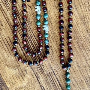 Handmade Mala - Red Tigers Eye and African Turquoise on olive green thread
