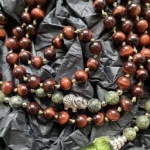 Handmade Mala - Red Tigers Eye and African Turquoise on Olive Green thread