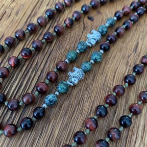 Handmade Mala - Red Tigers Eye and African Turquoise on olive green thread