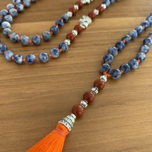 Handmade Mala - Blue Spot Jasper and Red Jasper on Blood Orange thread