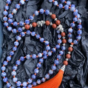 Handmade Mala - Blue Spot Jasper and Red Jasper on blood orange thread