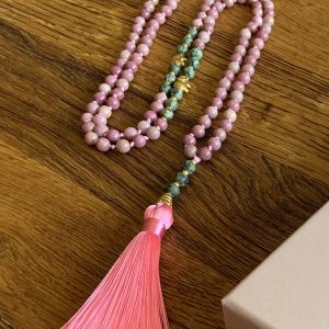 Handmade Mala - Rhodochrosite and African Turquoise on pink salmon thread