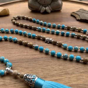 Handmade Mala - Turquoise Impression Jasper with Sandalwood on Ivory thread