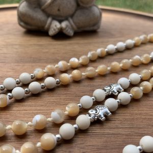 Handmade Mala - Golden brown Mother of Pearl and ivory Jade on khaki thread