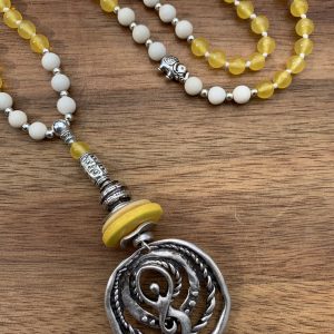 Handmade Mala - Yellow and Ivory Jade on white thread with Moon Goddess pendant