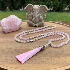 Handmade Mala - Rose Quartz and Ivory White Moonstone beads on soft pink thread