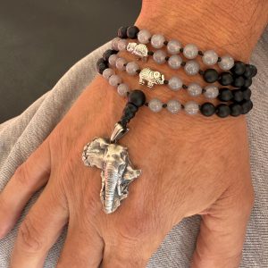 Handmade Mala - 108 matte black Onyx and grey Agate beads on jet black thread, with African elephant pendant