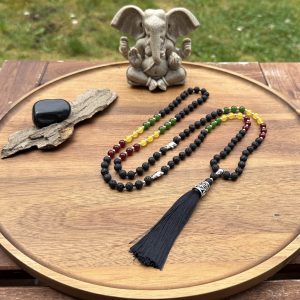 Handmade Mala - 108 natural Black Lava and red, gold and green Jade beads on jet black thread