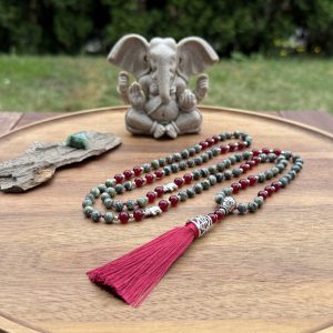 Handmade Mala - 108 green Zebra Jasper and vibrant red Jade beads on raspberry red thread