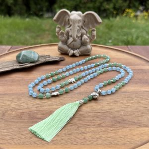 Handmade Mala - 108 Aquamarine and Aventurine beads on grass green thread