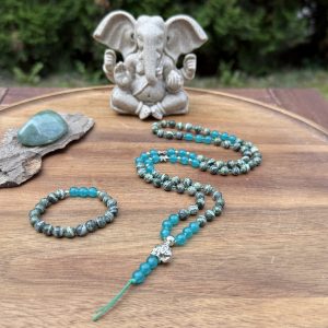 Handmade little boy's Mala - 80 Green Zebra Jasper and Blue Chalcedony beads on lime green thread