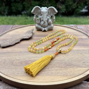 Handmade Mala - 108 Citrine, green Peridot, and orange Carnelian beads on golden thread