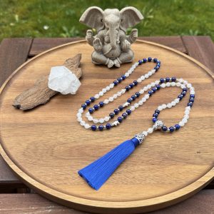 Handmade Mala - 108 Rainbow Moonstone and Lapis Lazuli beads on snow white thread