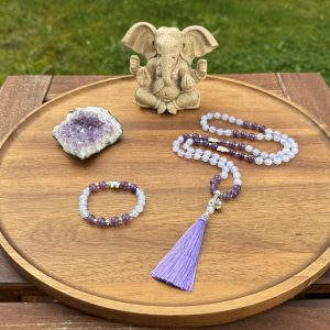 Handmade little girl's Mala - 80 Blue Lace Agate and Amethyst beads on lavender thread
