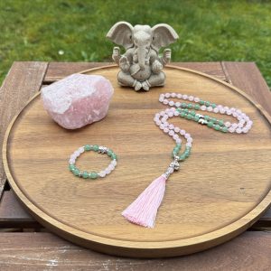 Handmade little girl's Mala - 80 Rose Quartz and green Aventurine beads on baby pink thread